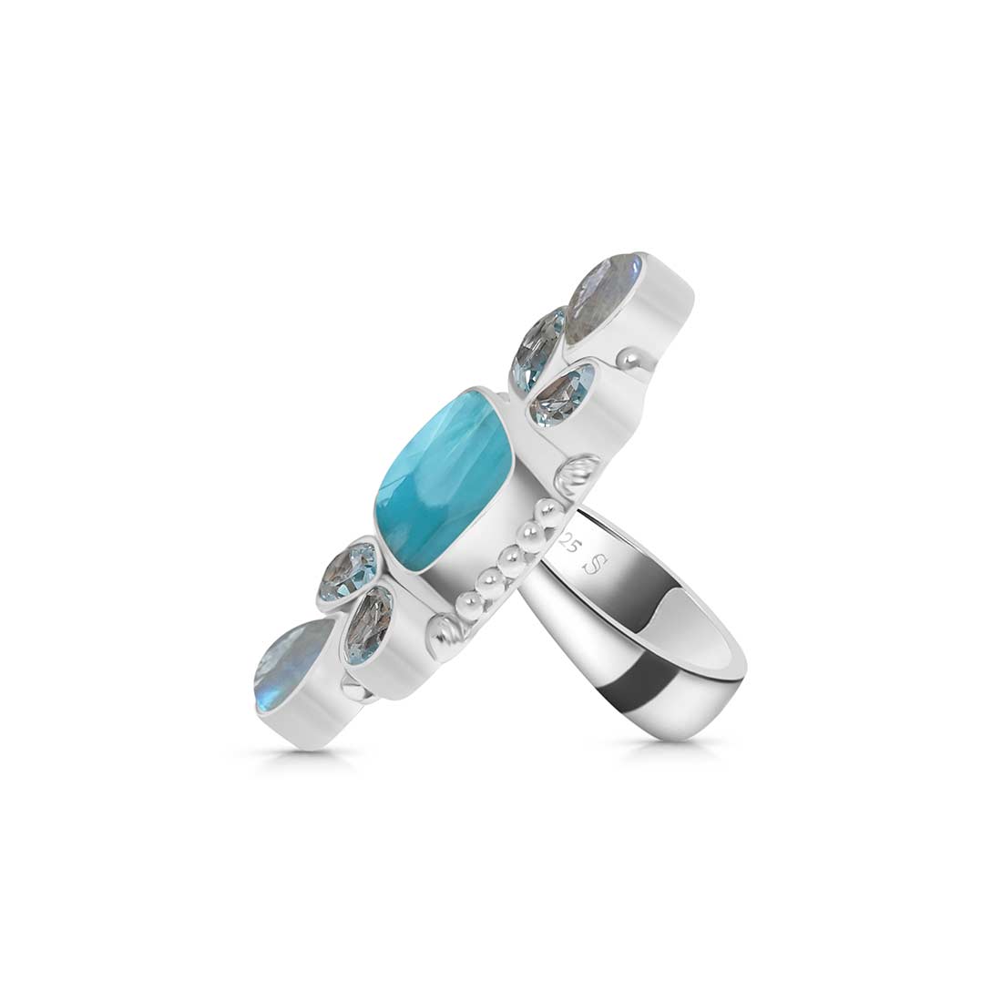Larimar, Moonstone And Blue Topaz Crawler Statement Adjustable Ring-(LAR-CLS-13.)